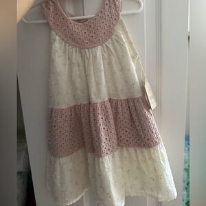 Girls Cream and Dusty Pink Eyelet Tiered Sundress